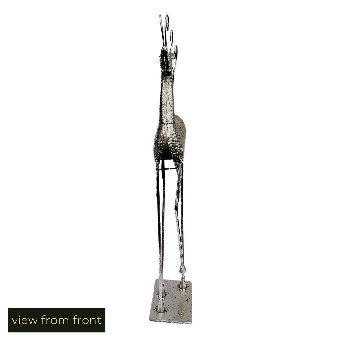 White cut out image showing the antique silver-effect hammered metal floor-standing stag from the front
