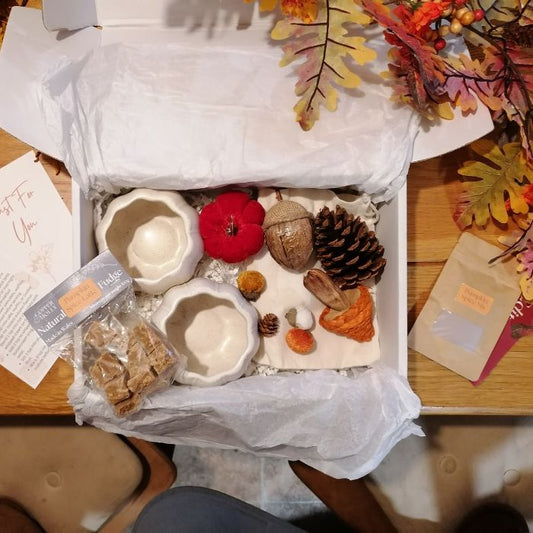 White box filled with fudge, 2 mugs, pumpkins and other woodland fauna, pumpkin spice mix with leaves in teh background