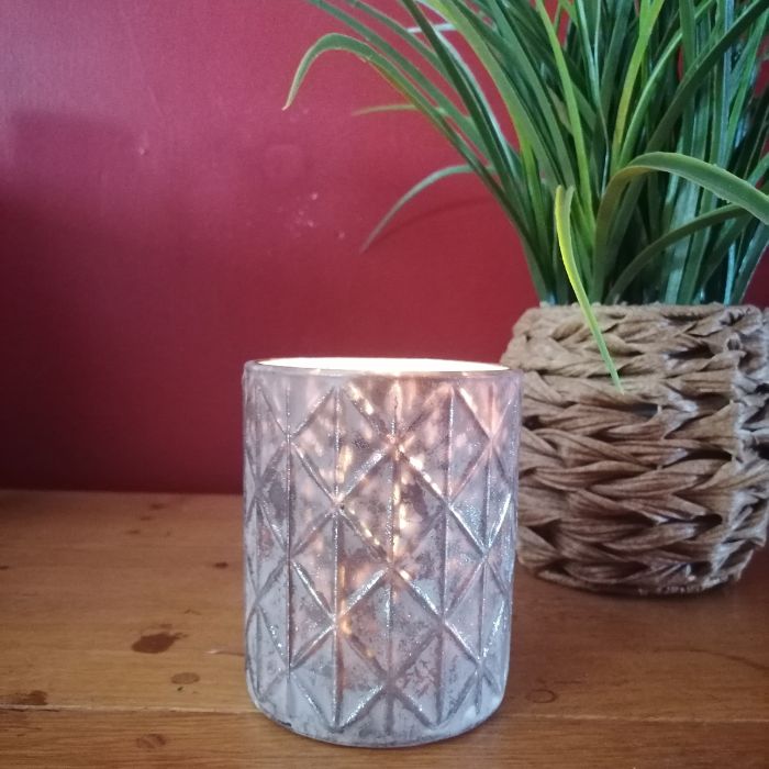Decorative candle holder with string lights next to a potted plant on a wooden surface.