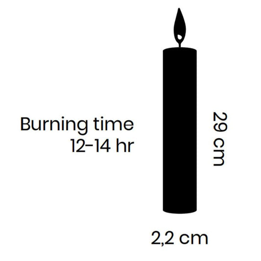 Candle with dimensions and burning time information on a white background
