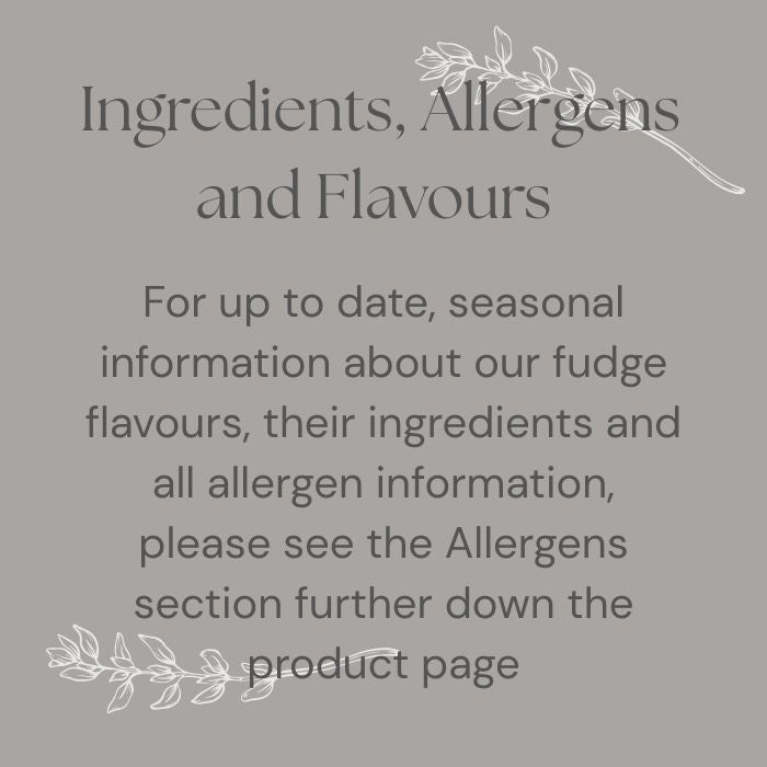 Text on a gray background about fudge flavors, ingredients, and allergens.