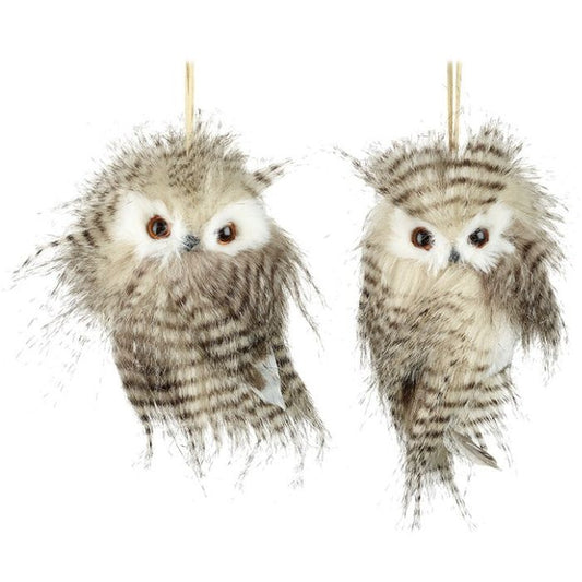 Two feathered owl decorations on white background