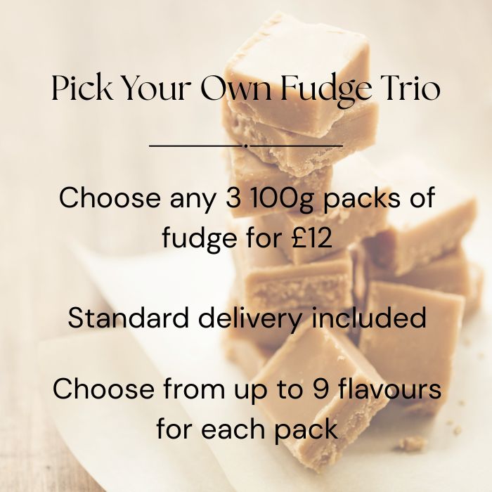 Fudge pieces with promotional text for 'Pick Your Own Fudge Trio' on a light background