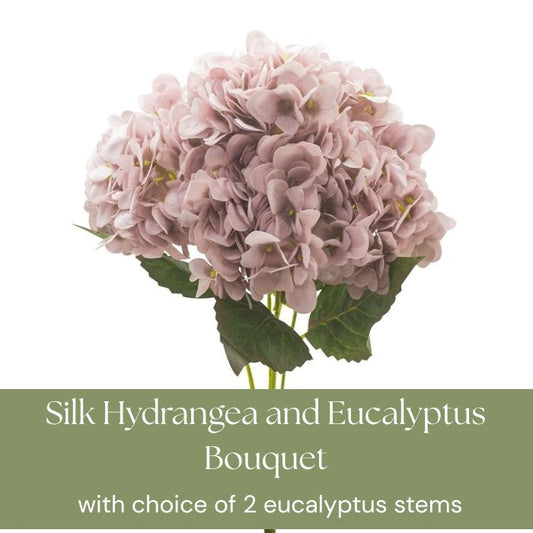 Silk hydrangea and eucalyptus bouquet with text on a white background