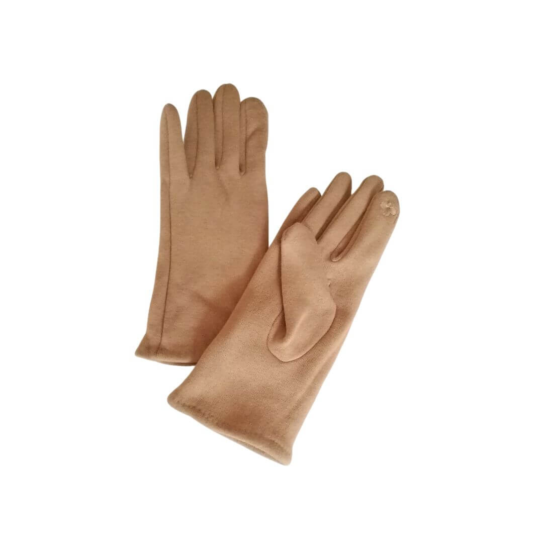 Showing the inner of the 3 in 1 multi style biscuit brown gloves on their own flat lay style