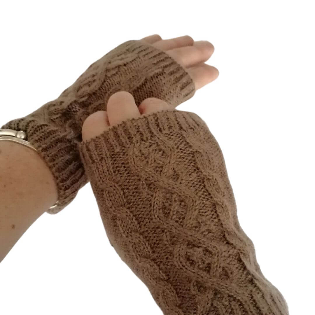 3 in 1 multi style biscuit brown gloves being worn with just the handwarmer/wristwarmer section on model's hands