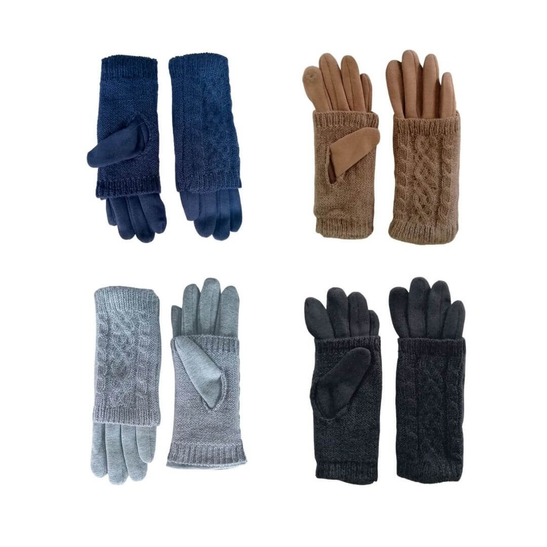 Showing the 4 different colours available in the 3 in 1 multi style gloves, including navy blue, biscuit brown, silver grey and black