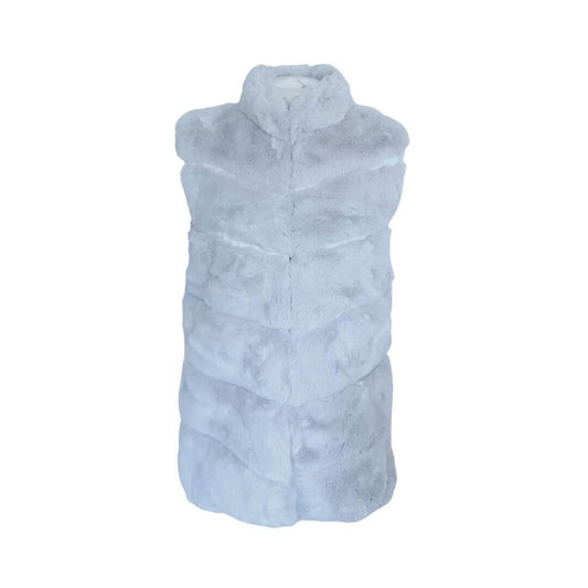 Front view of the silver grey faux fur gilet