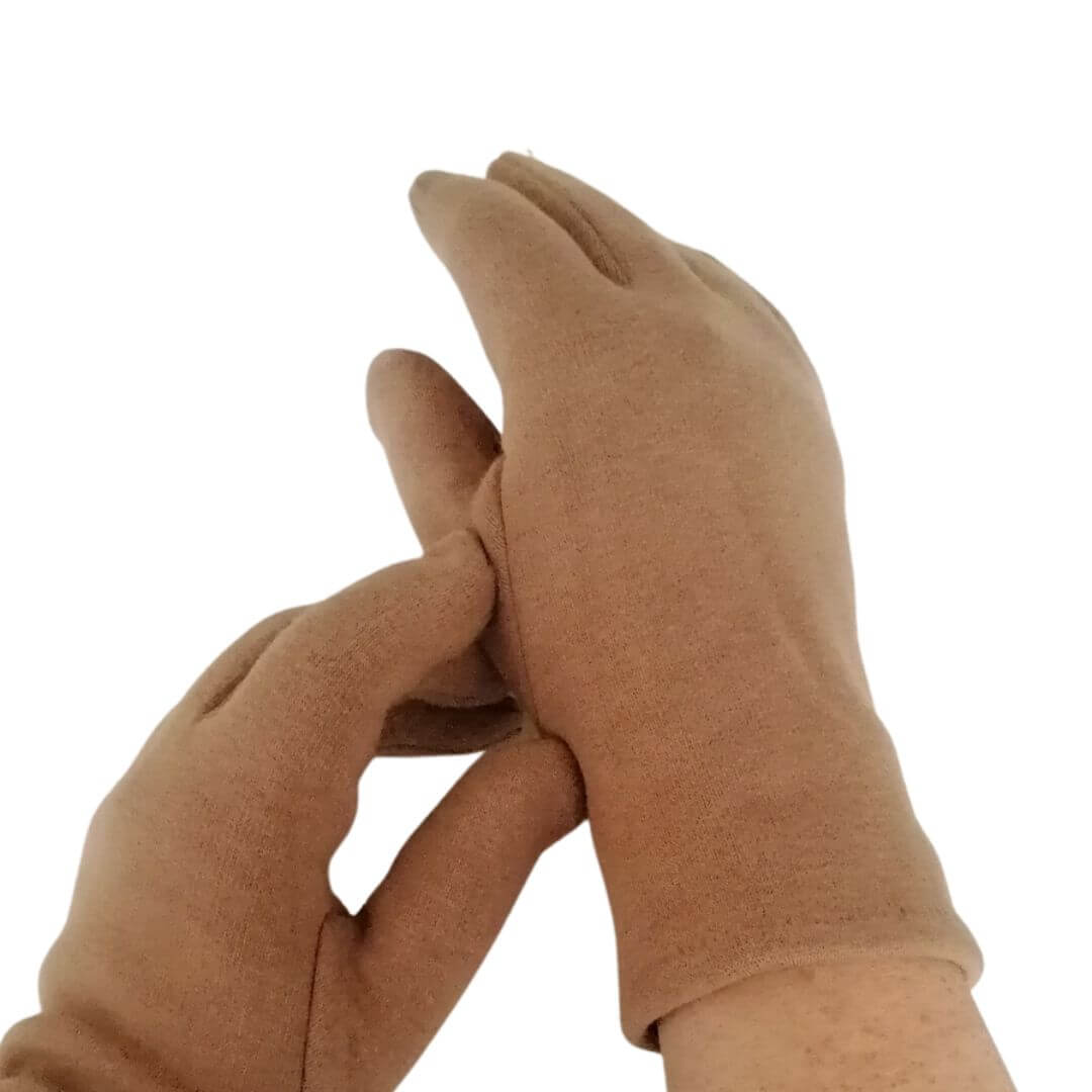 The 3 in 1 multi style biscuit brown gloves being worn as just the inner gloves on their own onmodels hands;s'
