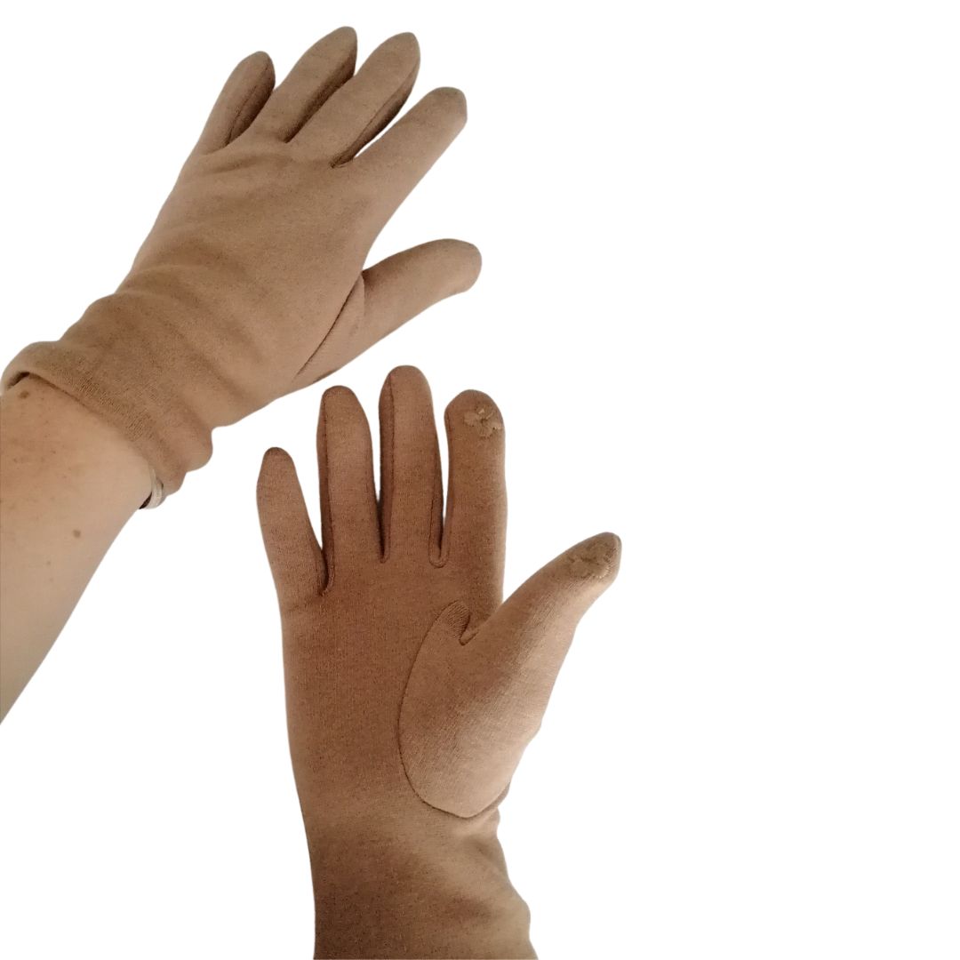 Showing the under and upper side of the inner layer of the 3 in 1 multi style biscuit brown gloves, including the little phone/tablet pad at the tip of the first finger and the thumb