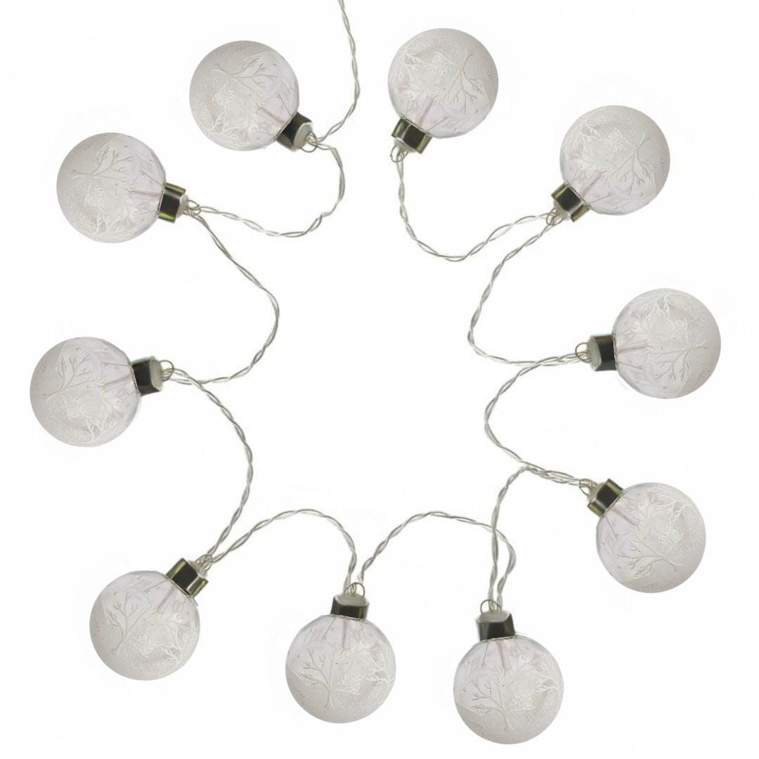 White cut out product image of the string of 10 bauble shaped winter scene battery operated lights.