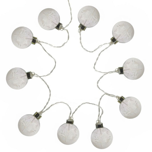 White cut out product image of the string of 10 bauble shaped winter scene battery operated lights.