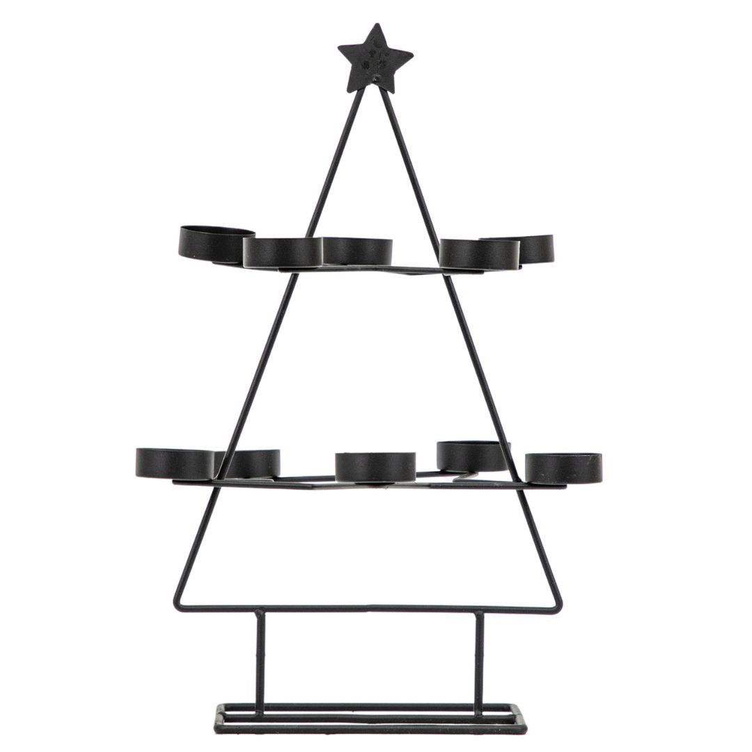 Black metal Christmas tree-shaped candle holder with star on a white background