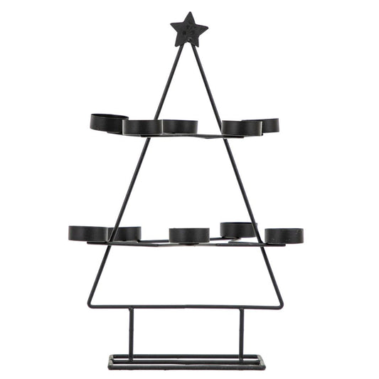 Black metal Christmas tree-shaped candle holder with star on a white background