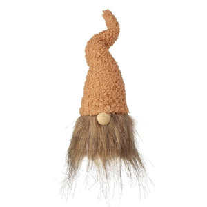 Autumn gonk gnome wearing a tall 'ragged' style long hat with grey-brown fur all over the body.  Characteristic bulbous nose pokes out from under the hat
