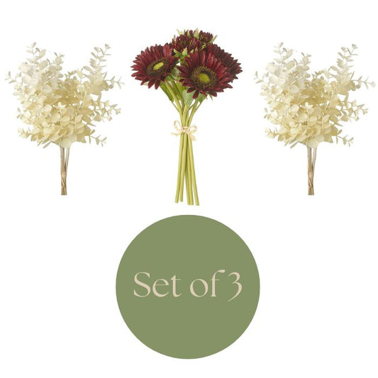 Showing the 3 individual components that make up the burgundy sunflower bouquet