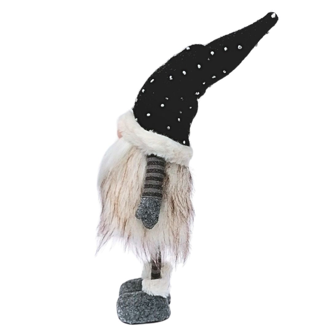 White cut out image showing the charcoal grey spotty-hat fabric gonk from the side