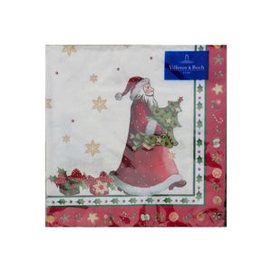 Christmas Napkins - Christmas Bakery Santa - A traditional looking red and white Father Christmas holding a tree.  The other side of the napkin features a reindeer.  Predominant colours are red.  