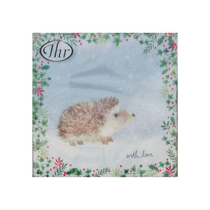 Moritz the Christmas hedgehog is the star of this Chirstmas napkins design.  He's surrounded by a border of evergreen seasonal leaves and berries.  Based on a pale blue background.