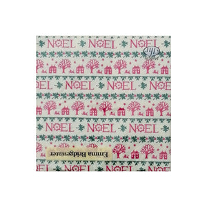 emma Bridgewater Noel design in the Christmas napkins range.  This features NOEL written in the Black toast font, in red with a green folk border and red street scene with a house, dog and a bare winter tree