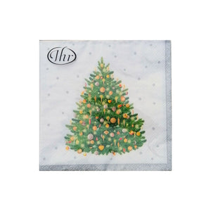 Christmas Napkins - Shiny Christmas Tree Design.  A simple spruce Christmas tree covered with baubles.  Ona white background with silver dots and border
