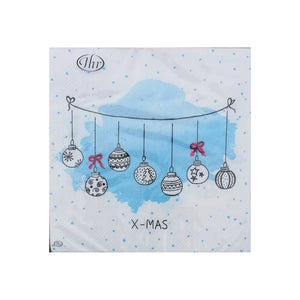 The Xmas bauble in the Christmas npakins range, features a string of 7 baubles all dangling off a washing line!  The baubles themselves are handrawn in black and white, and laid on top of a blue splash