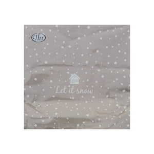 Beige background with white dots all over, with a small white house and the text Let It Snow underneath.  This is the Let It Snow design of the Christmas napkins range 