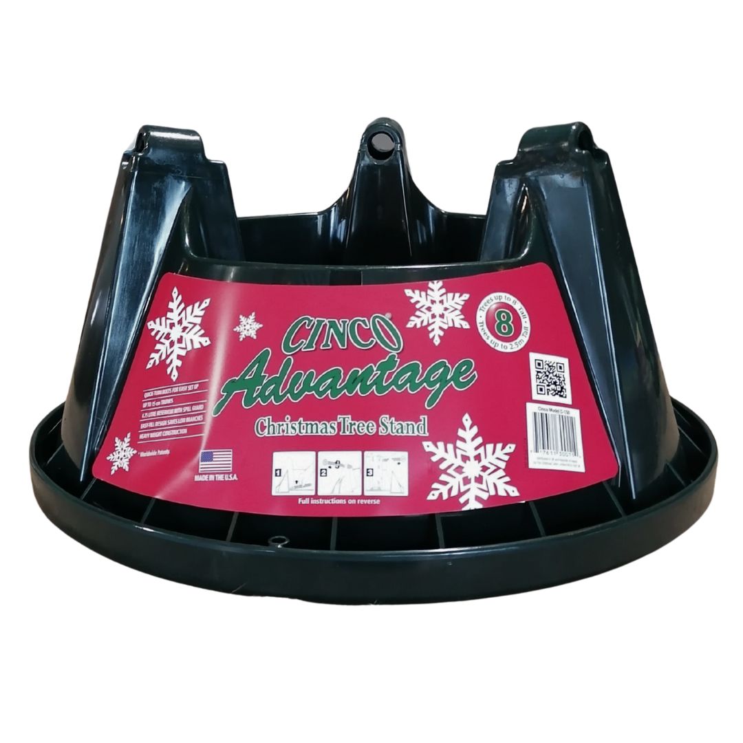 Green Christmas tree stand with a red label on a white background
