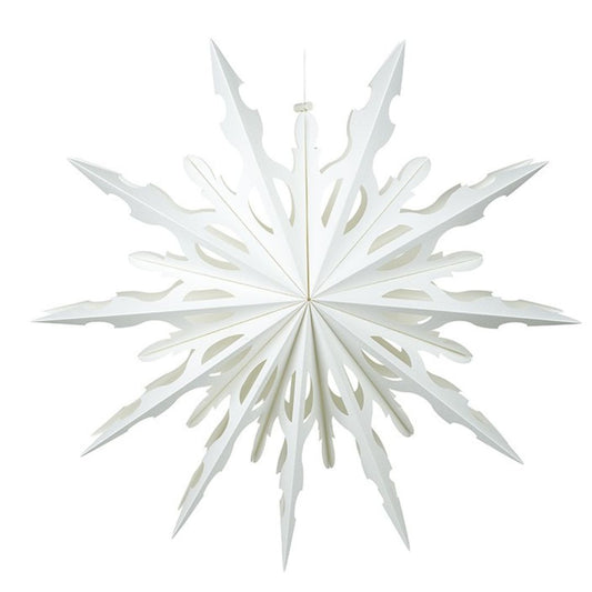 White paper snowflake hanging against a white background