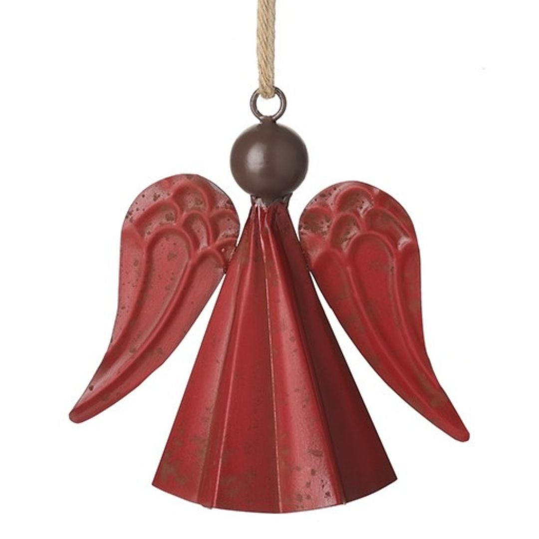 Red angel-shaped ornament with a brown head on a white background