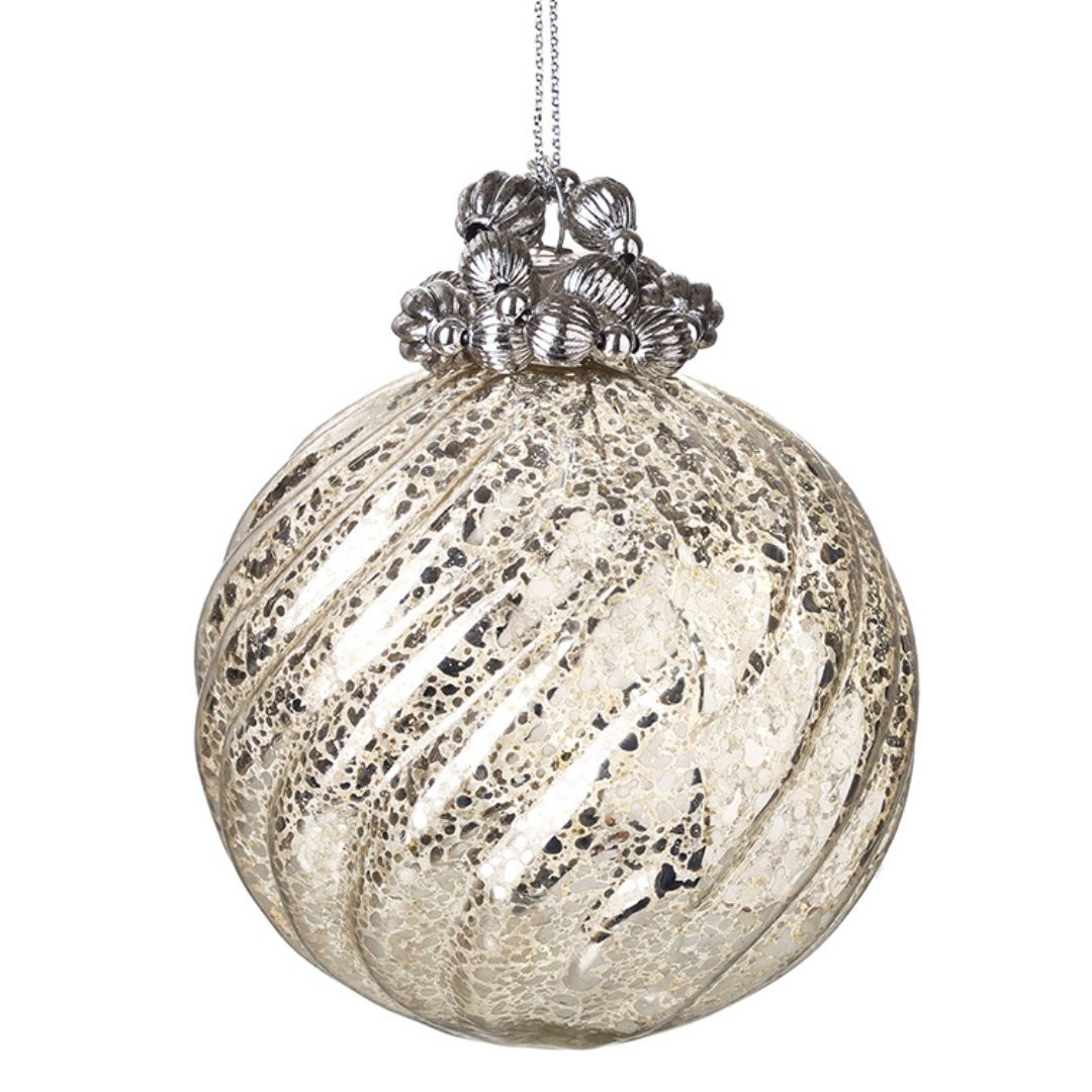 Decorative glass ball with textured surface and silver beaded finial on a white background