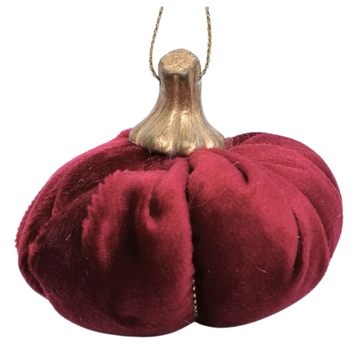 Close up of the Red velvet pumpkin ornament with a gold stem on a white background