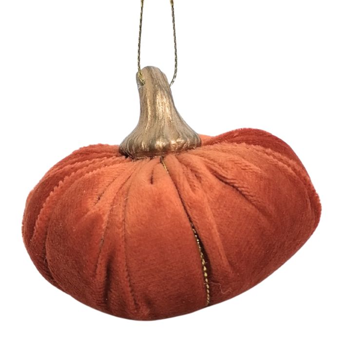 Close up of the burnt orange Decorative pumpkin ornament on a white background