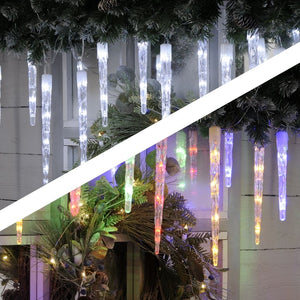 Showing the colour change icicle lights from ice white to multi colour
