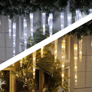 Showing the colour change icicle lights from ice white to warm white