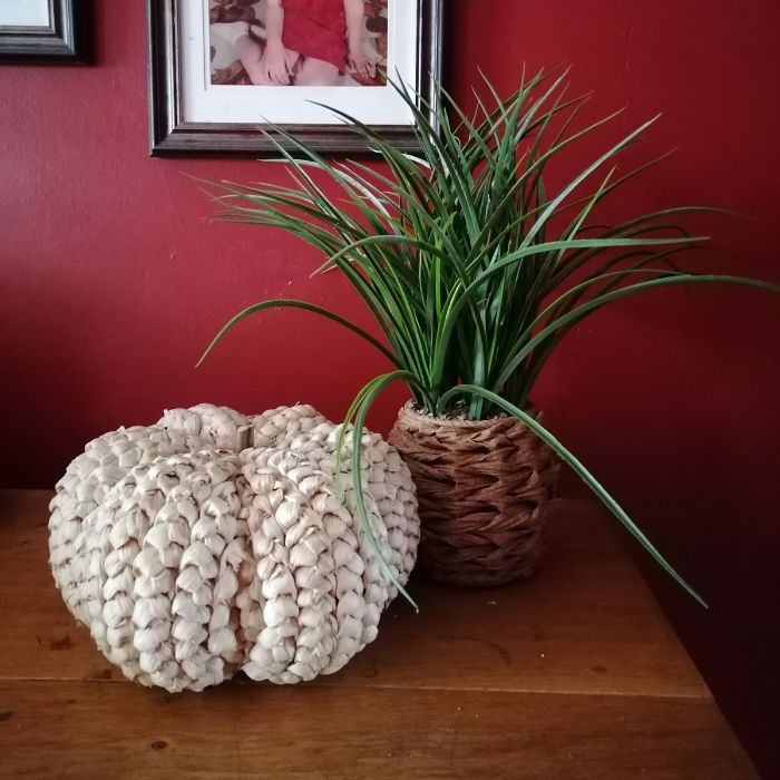 Decorative woven pumpkin and plant on a wooden surface against a red wall with framed pictures.