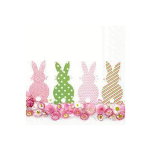 Daisy Day paper napkins - a row of four bunnies sitting showing their cotton tails, on top of a bed of pink daisies