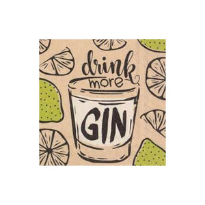 Brown kraft paper cocktail napkin that says drink more gin.  Hand drawn images fo lemon slices and lime feature around a glass with liquid in