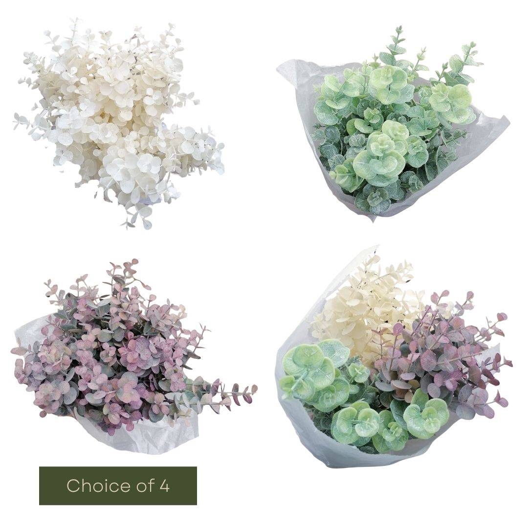 Choice of 4 colours in the eucalyptus hand tied bouquet collection