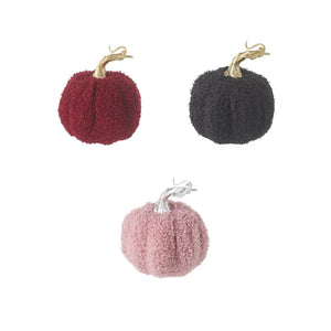 3 fabric pumpkins showing the different colours available.  From top left is burgundy, then black and on the bottom is blush pink