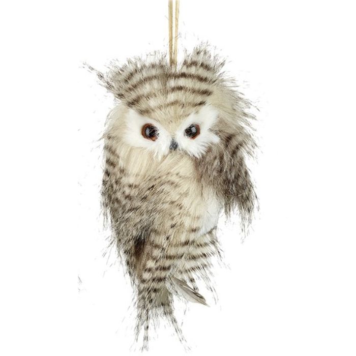 Plush owl ornament with brown and white feathers on a white background