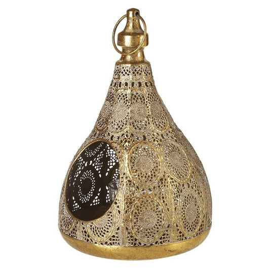 Decorative gold lantern with intricate patterns on a white background