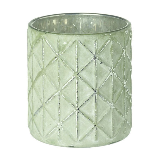 Decorative glass candle holder with geometric pattern on a white background