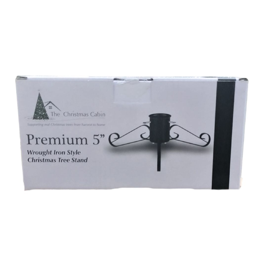 Box packaging of a premium 5-inch wrought iron Christmas tree stand 