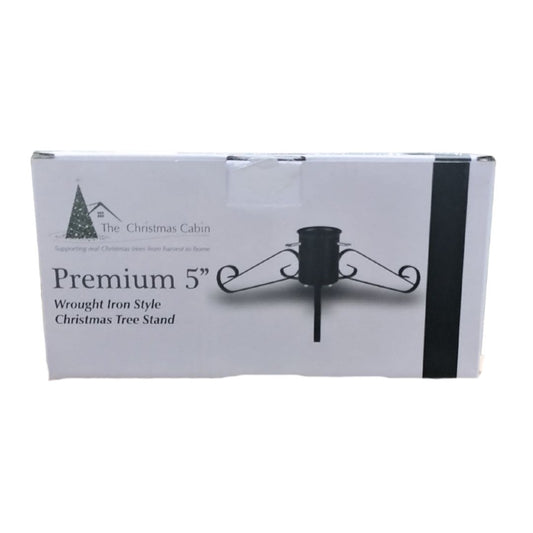 Box packaging of a premium 5-inch wrought iron Christmas tree stand 
