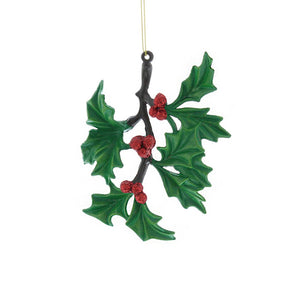 green leaves and red berries adorn these holly Christmas tree decorations
