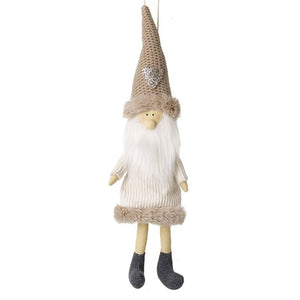 Hanging neutrals knitted gonk Christmas decoration.  Wearing a beige hat with a small star on it, a long white beard and an off white tunic dress with beige fur lining.  His legs are dangling underneath wearing dark grey boots on his feet 