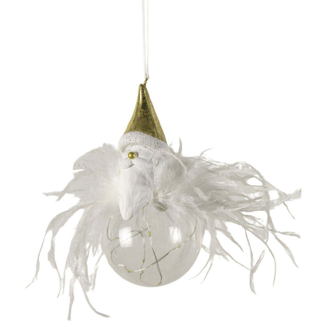 Decorative ornament Father Christmas with a white beard and a gold hat on a white background