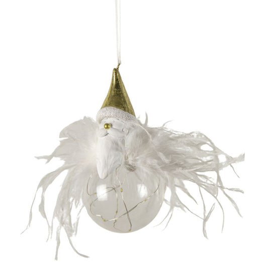 Decorative ornament Father Christmas with a white beard and a gold hat on a white background