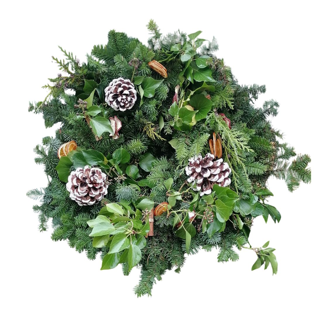 Christmas wreath with pine cones and greenery on a white background